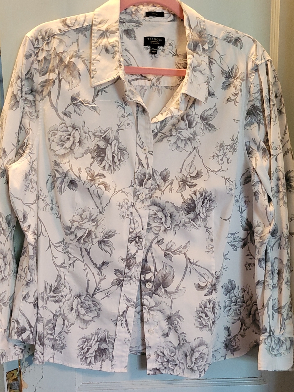 Talbots 22wp White W/gray Floral Print Long Sleeved Button-Down Shirt